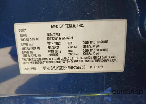 2021 Tesla Model Y Performance Dual Motor All-Wheel Drive z USA, uszkodzony, nr VIN 5YJYGDEF7MF256758